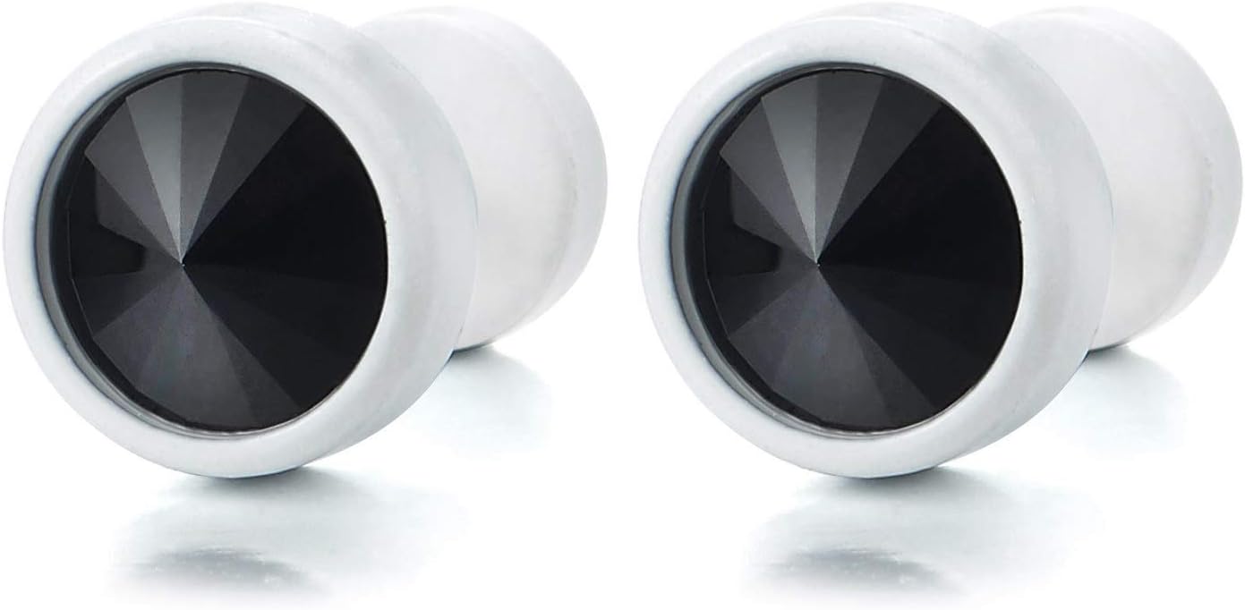 Mens Womens Circle Stud Earrings with Spiked Cubic Zirconia, Steel Fake Gauges Plugs