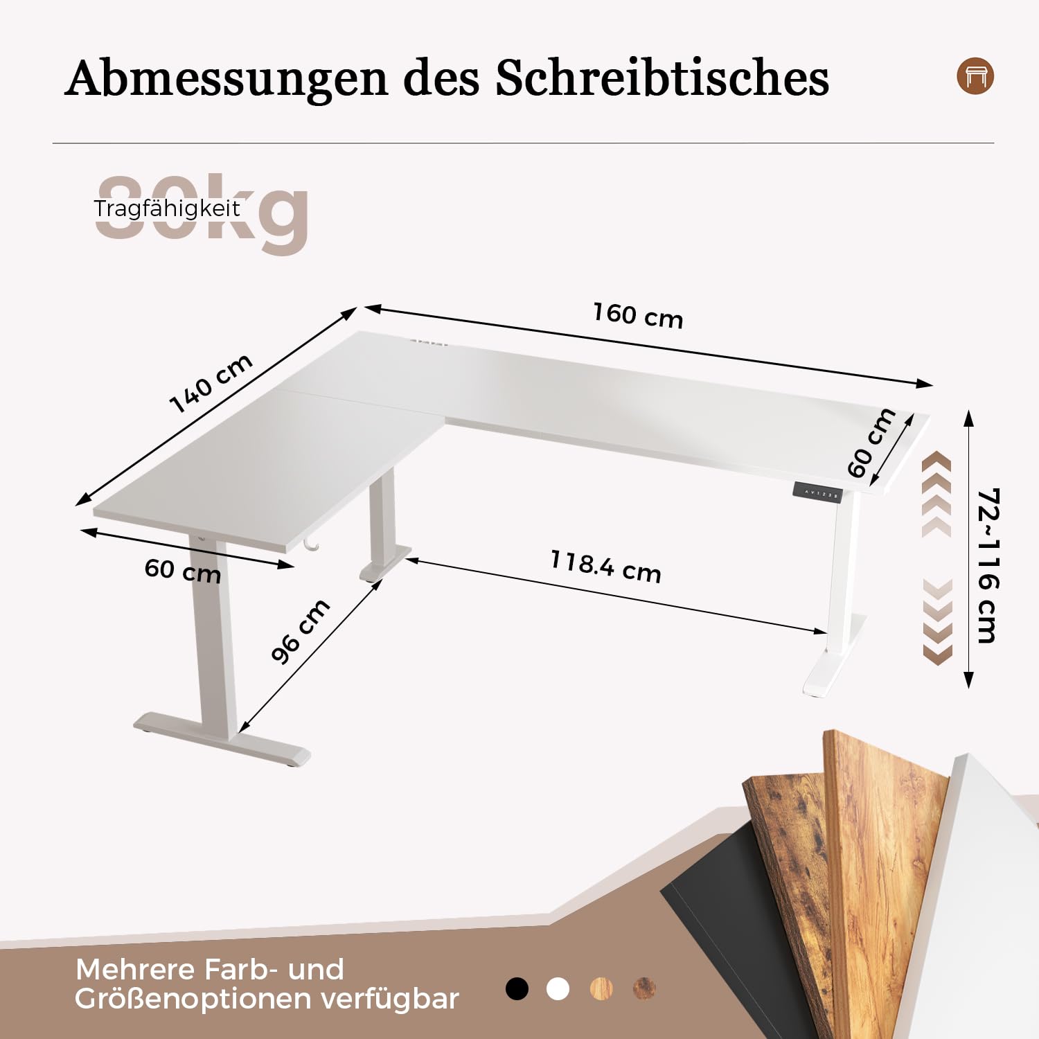 Klicelor L-förmiger Elektrischer Schreibtisch Höhenverstellbar, 160 x 140 cm L Form Stehschreibtisch mit 3 Memory-Funktionen und Antikollisionstechnologie, ergonomischer Computertisch, Weiß
