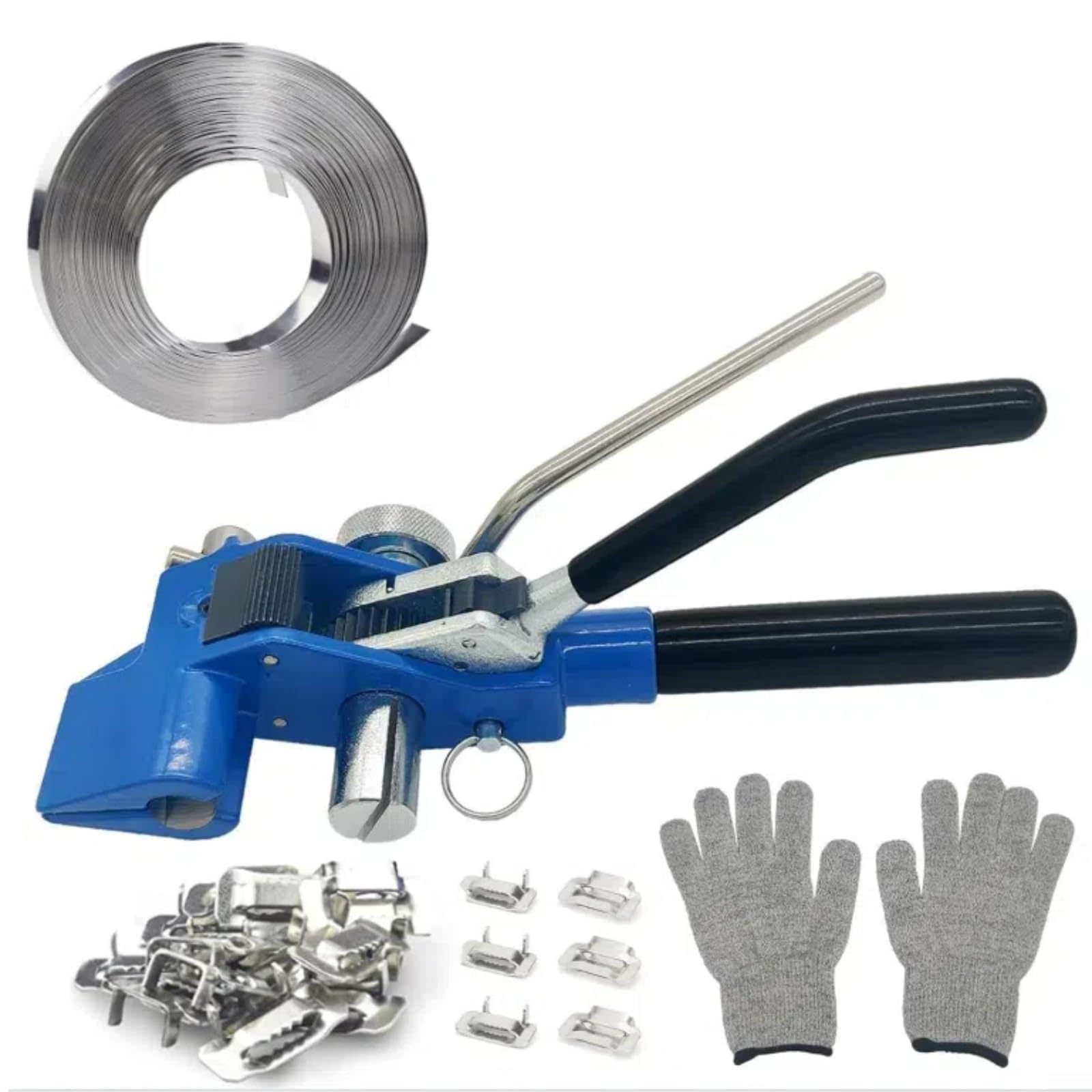 Banding Strapping Kit with Strapping Tensioner Tool, 100 ft Length 304 Stainless Steel Banding,100pcs Steel Buckles, Pair of Cut-Resistant Gloves,