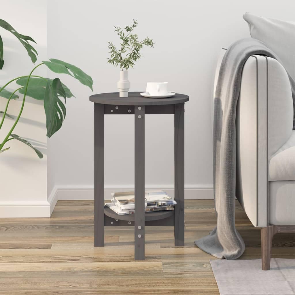 Mesa de centro gris madera maciza de pino Ø40 x 60 cm Mesa auxiliar para salón con estante abierto