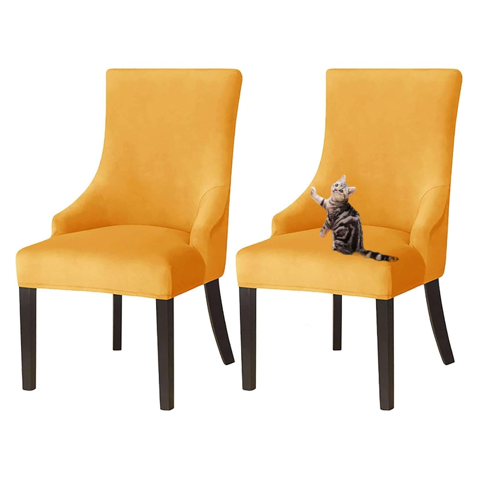 GUYIRT Velvet Wingback Dining Chair Covers, Stretch Wingback Side Chair Slipcover Washable Sloping Armchair Cover for Kitchen Banquet (yellow,set of 2)