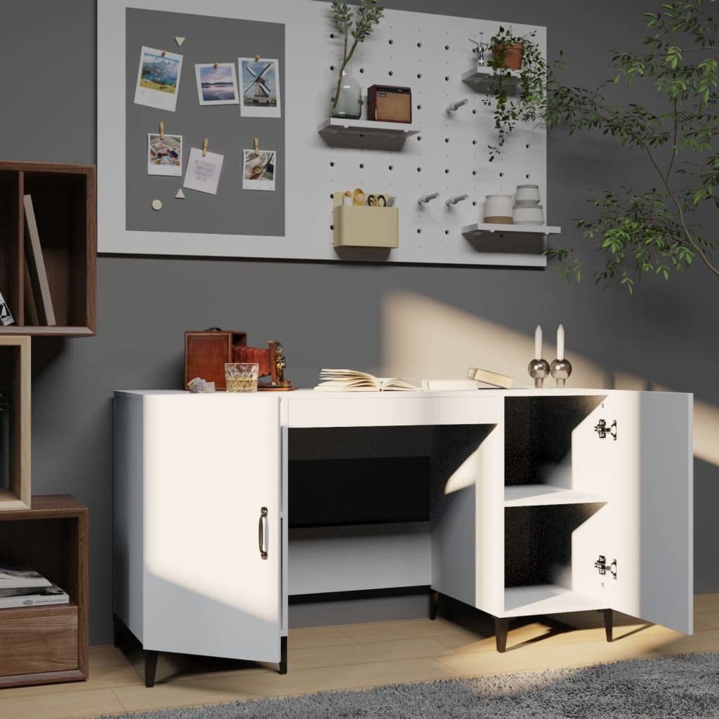 Scrivania Bianca in Legno Multistrato 140x50x75 cm con 2 Scomparti e Struttura in Metallo per Ufficio Studio Casa Smartworking e Postazione PC Gaming Salvaspazio