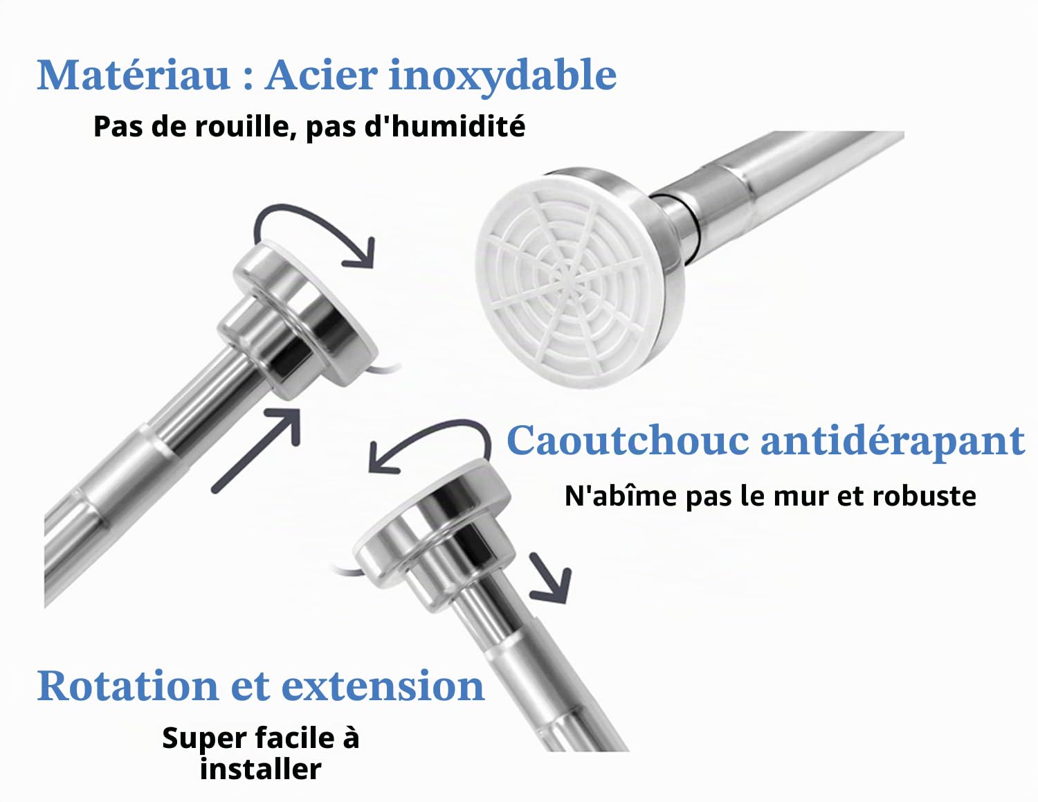 Tringle Extensible pour Rideau de Douche 105-170CM, Acier Inoxydable Barre Télescopique pour Rideau, Vêtement, Salle de Bains, Fenêtres ou Portes