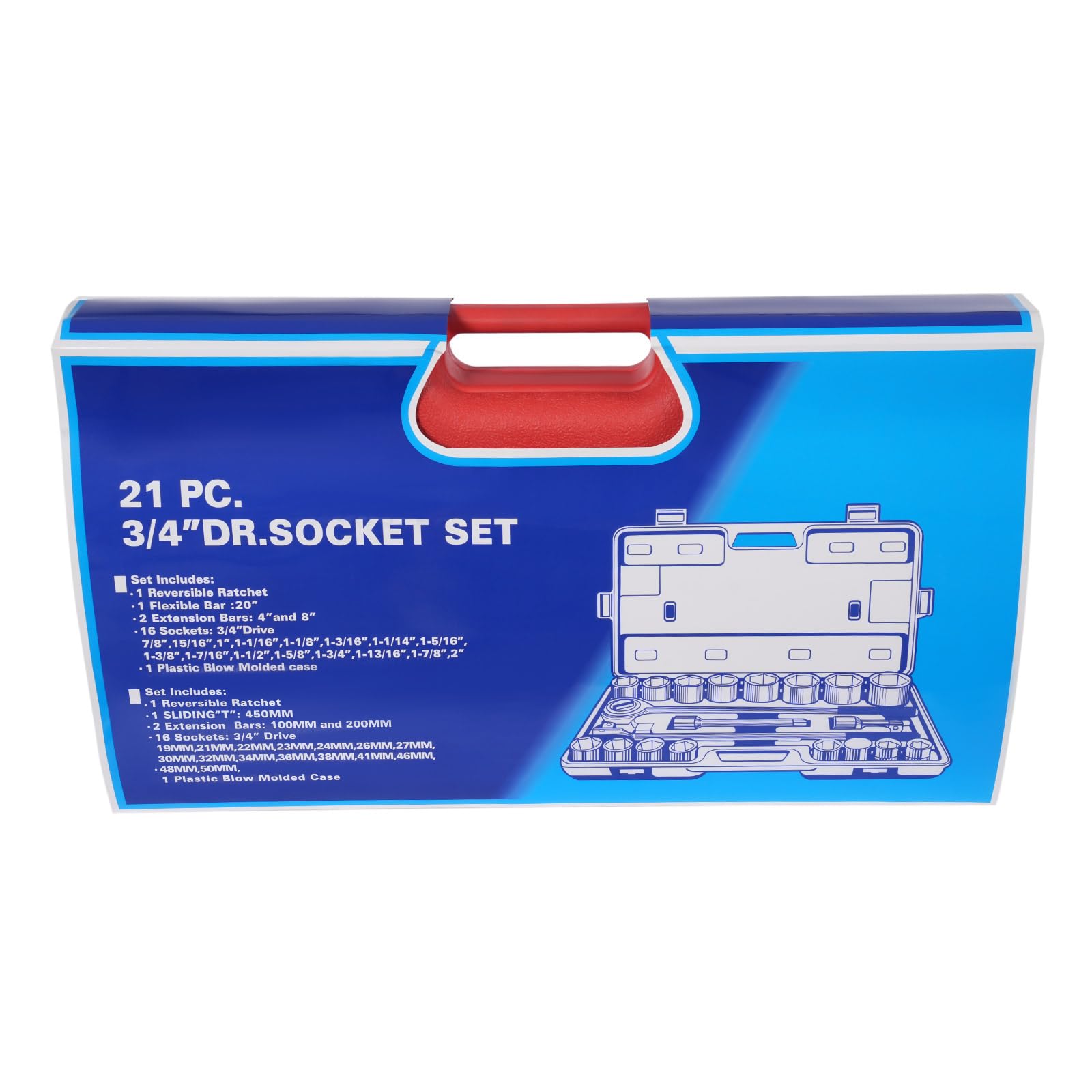 Set di 21 chiavi a cricchetto con 3/4" a 12 punti, con chiave a bussola, diametro 19-50 mm, utensili con valigetta 51 x 31 x 8 cm, per serraggio E-Torx triangolare