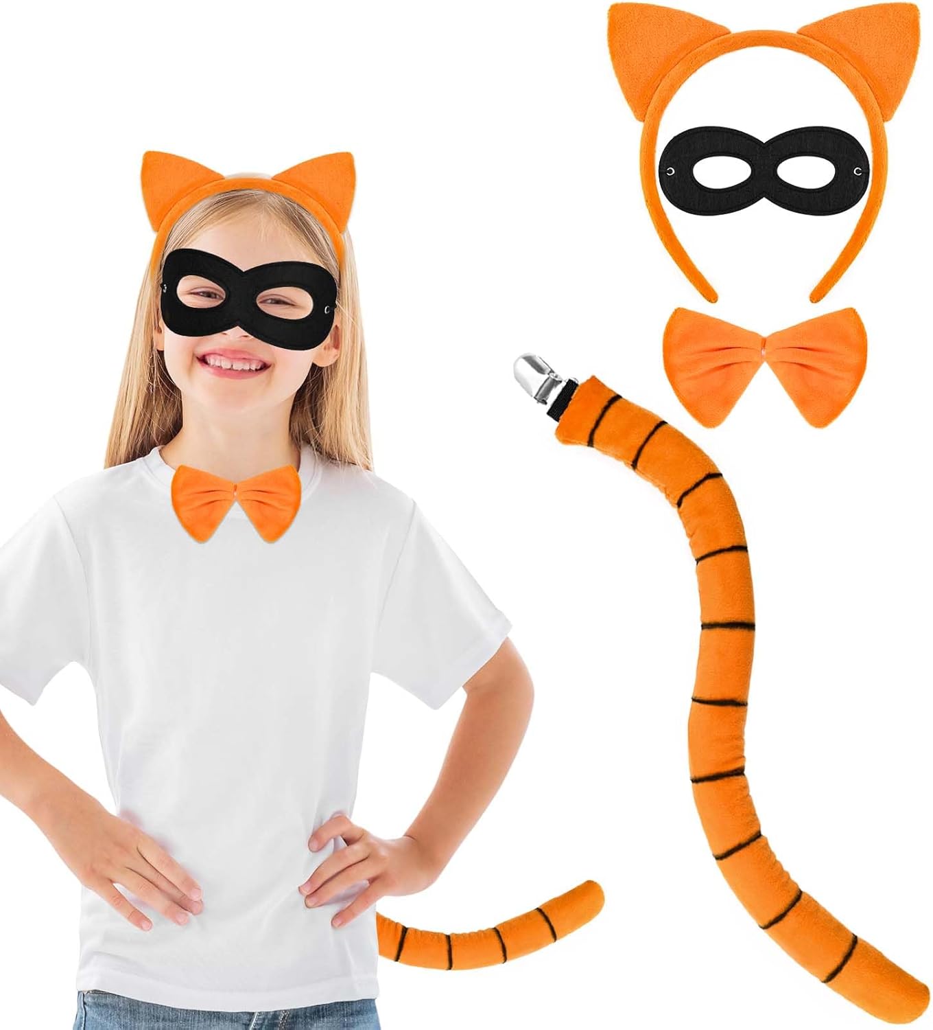 4Pcs Orange Cat Costume Accessories Set Including Orange Cat Ears Headband Tail Bow Tie Black Mask for Book Day Cosplay Supplies - Image 9