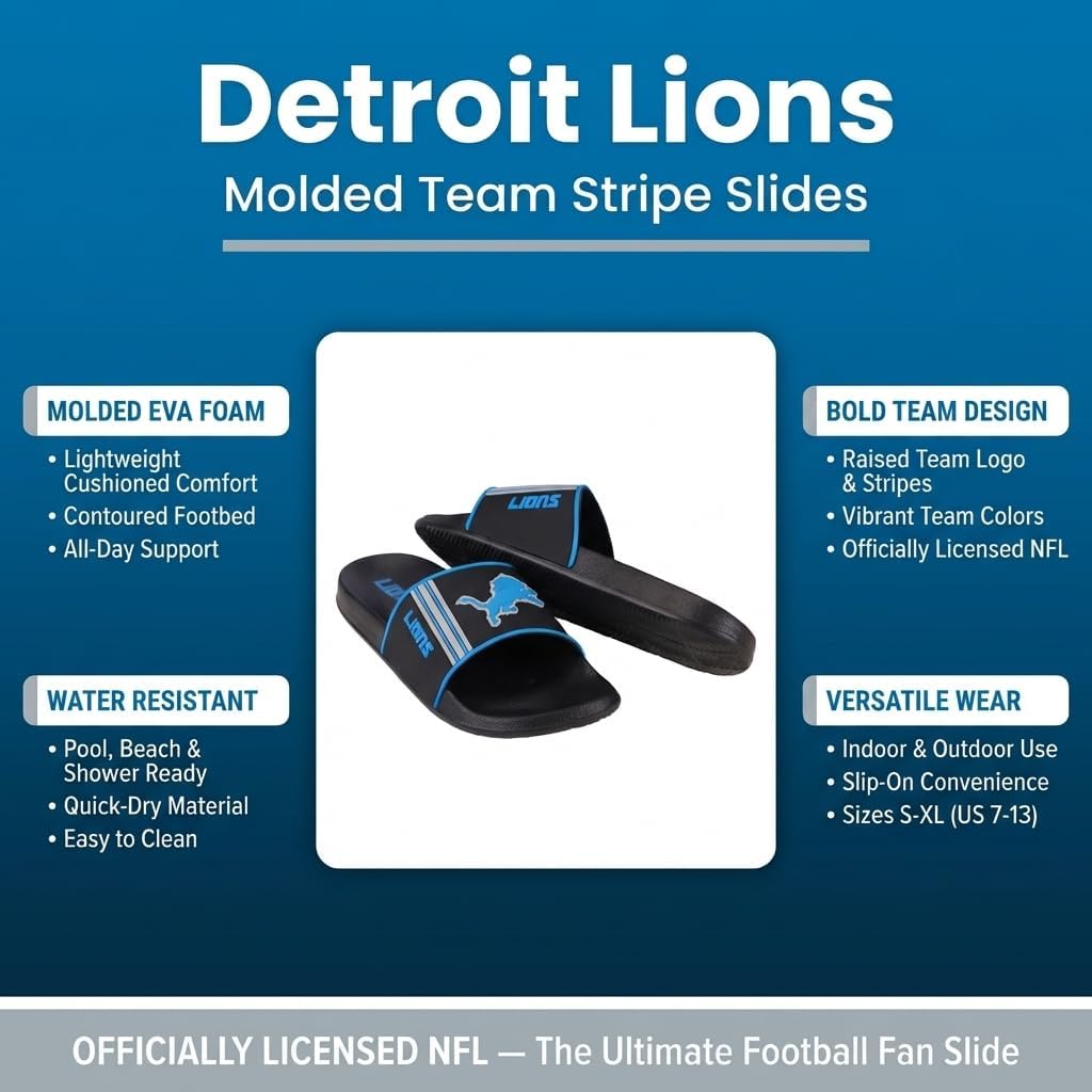 FOCO Detroit Lions Slides for Men NFL Molded EVA Foam Sandals | Water Resistant, Officially Licensed