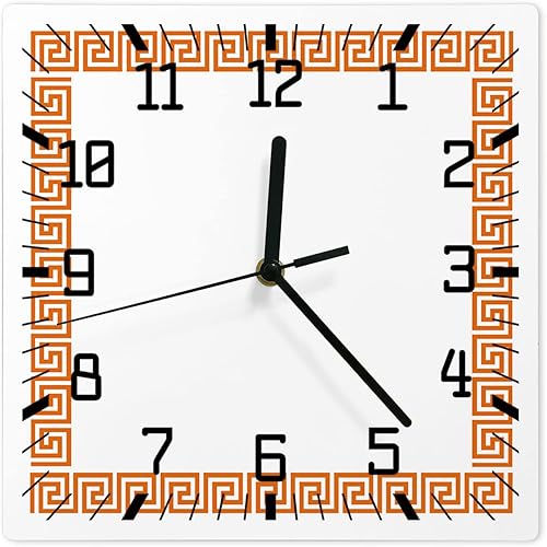 Reloj de pared de madera geométrico naranja, silencioso, sin tictac, diseño de llave griega, tradicional, retro, cuadrado, funciona con pilas, reloj