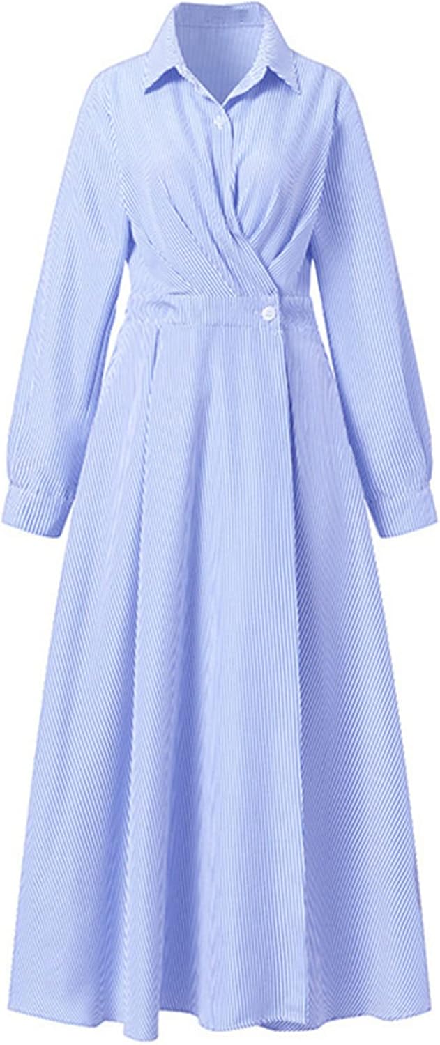 Ladyful Striped Shirt Dress for Womens Casual Long Sleeve Elegant Maxi Dress Khaki - Image 3