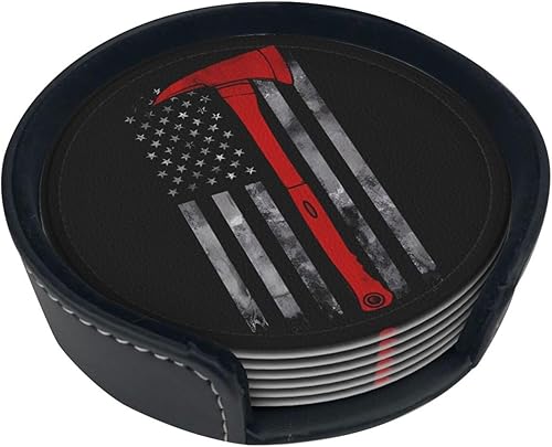 Drink Coasters Set of 6, Firefighter Axe Red Line Flag Printed PU Leather Round Coaster with Holder for Outdoor, Office, Bar, Funny Heat-Resistant