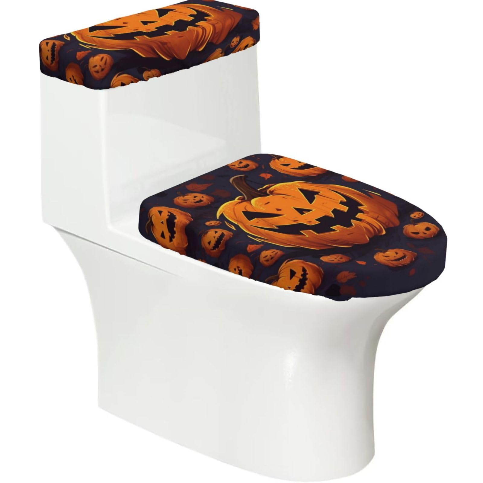 FekiLoot Halloween Pumpkin Toilet Lid Cover and Toilet Tank Cover Set of 2,Dust Splash Resistant Toilet Top Covers Soft Washable Toilet Lid Seat Cover for Bathroom Office Home Decor