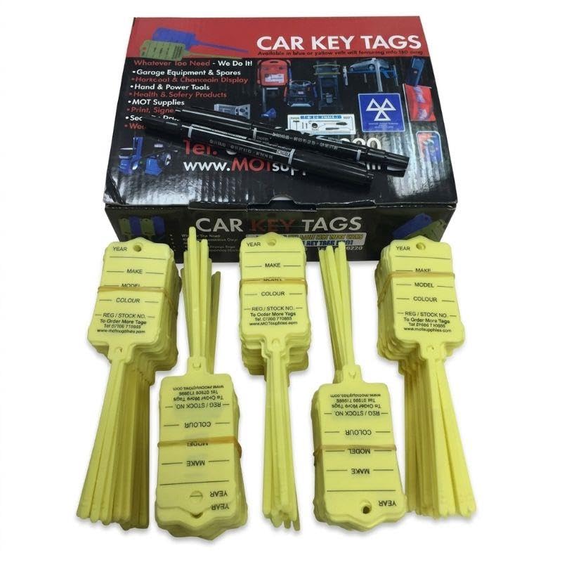 250 Yellow Key Tags Car Premium with Tails Pack of 250 Durable Vinyl Plastic Key Labels with Writable Fields Includes 2 Marker Pens Car Dealership, Garage & Workshop Key Identification Tags
