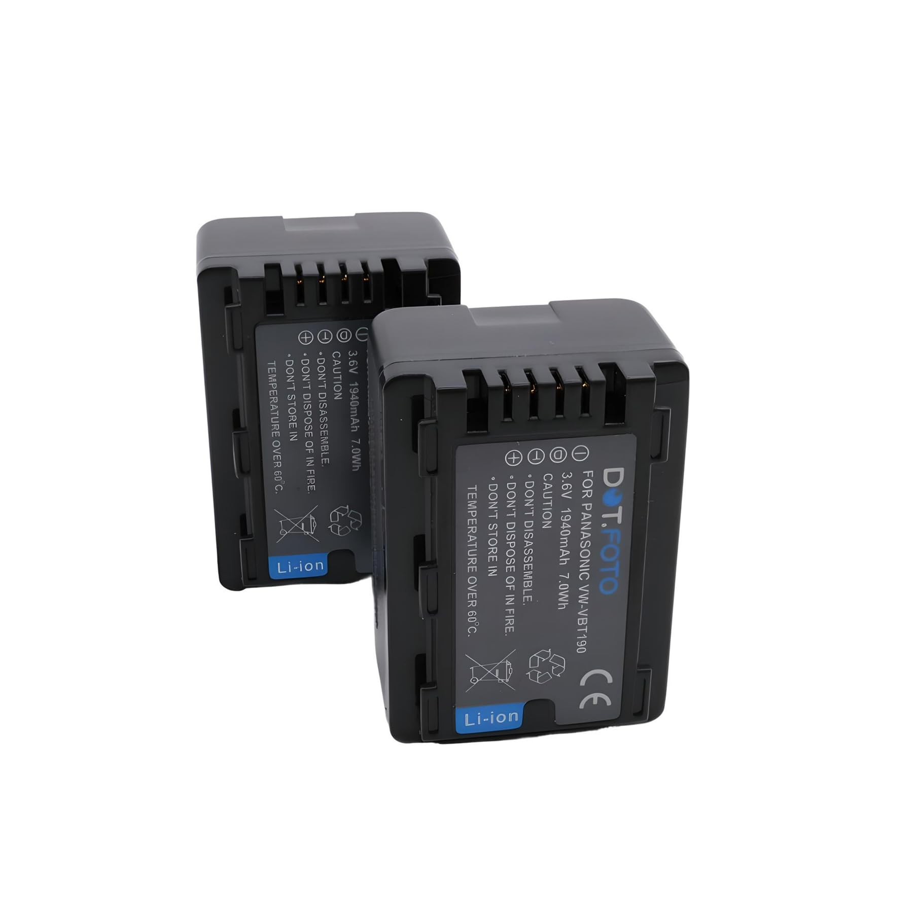 2 x Dot.Foto VW-VBT190 Premium 3.6v / 1940mAh Batteria Ricaricabile per Panasonic HC-V110, HC-V130, HC-V160, HC-V180, HC-V201, HC-V250,HC-V260,V720 V750 V770 V777 VX870 VX980 VX989