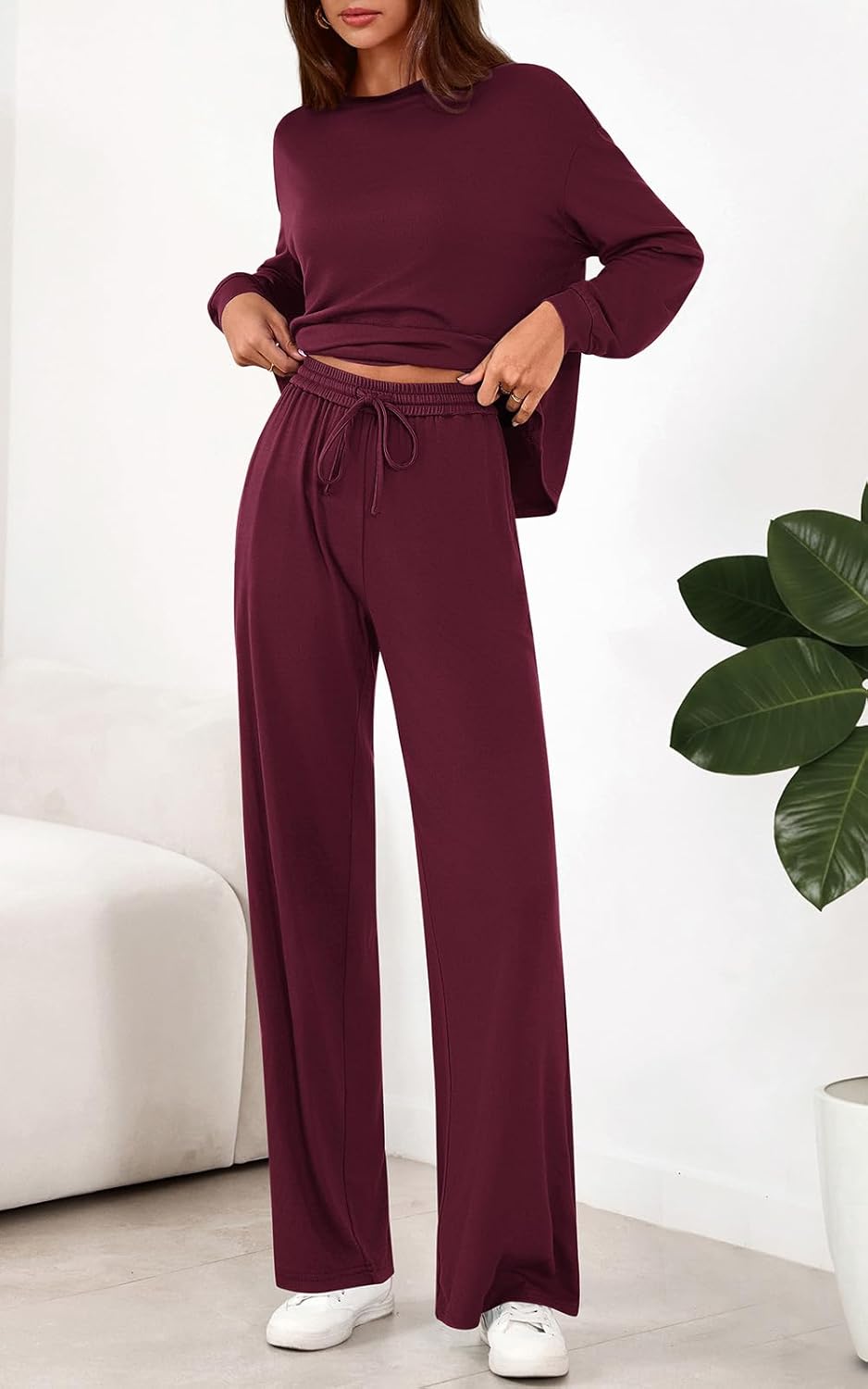 PRETTYGARDEN Womens 2 Pieces Lounge Sets Crewneck Long Sleeve Wide Leg Drawstring Pants Tracksuits Loose Fit Outfits Set - Image 4