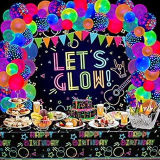 XJLANTTE 73 Pieces Glow Neon Birthday Party Supplies - Let's Glow Backdrop Banner, Black Light Neon Tablecloth, Glow in The Dark Balloons for Kids Photo Booth Prop Neon Party Decorations