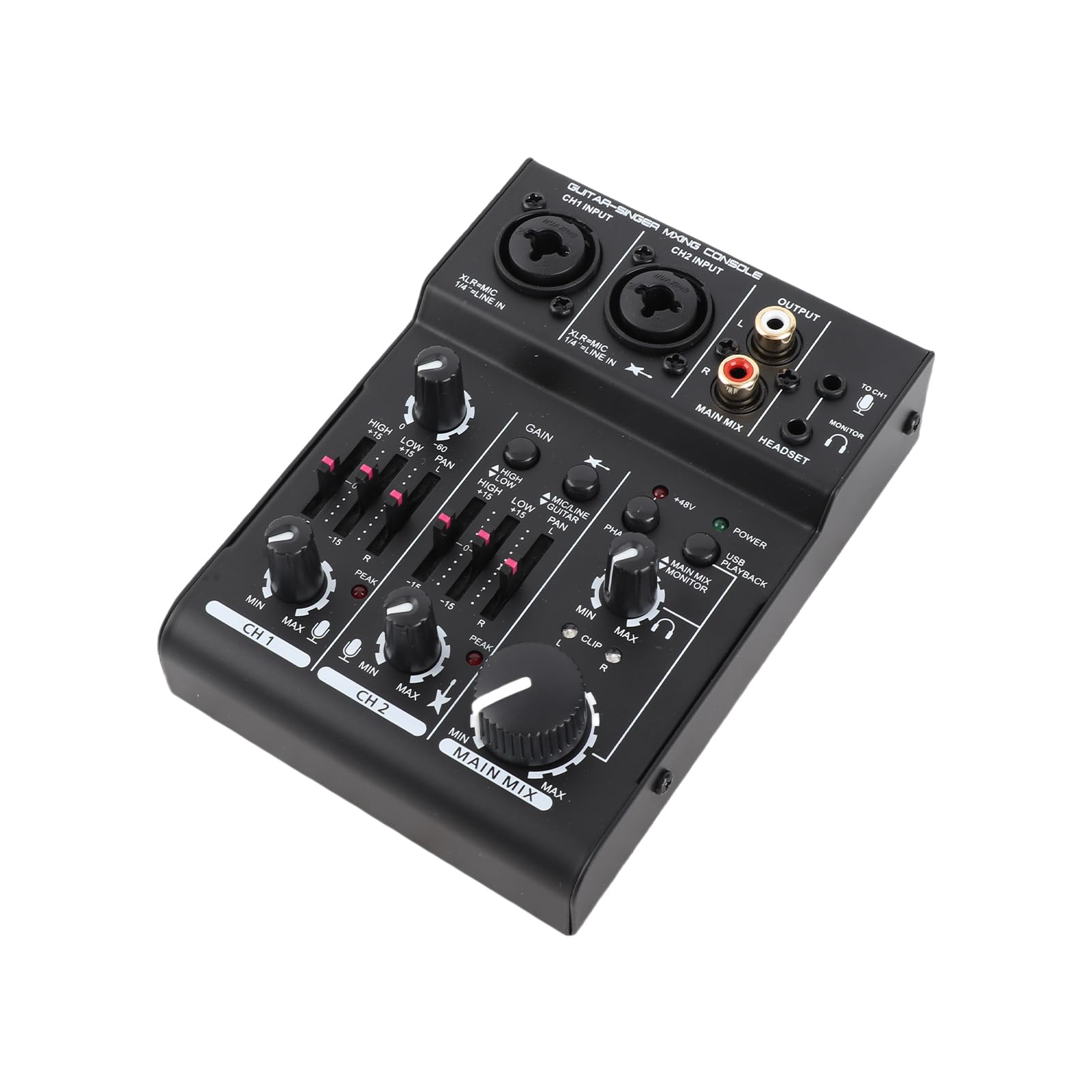 POENVFPO Mixer Audio USB a 2 con Alimentazione Phantom 48 V, Ingresso/uscita Stereo, Misuratori di Livello LED, Ingressi XLR e 1/4 di Pollice per DJ, Registrazione in Home Studio