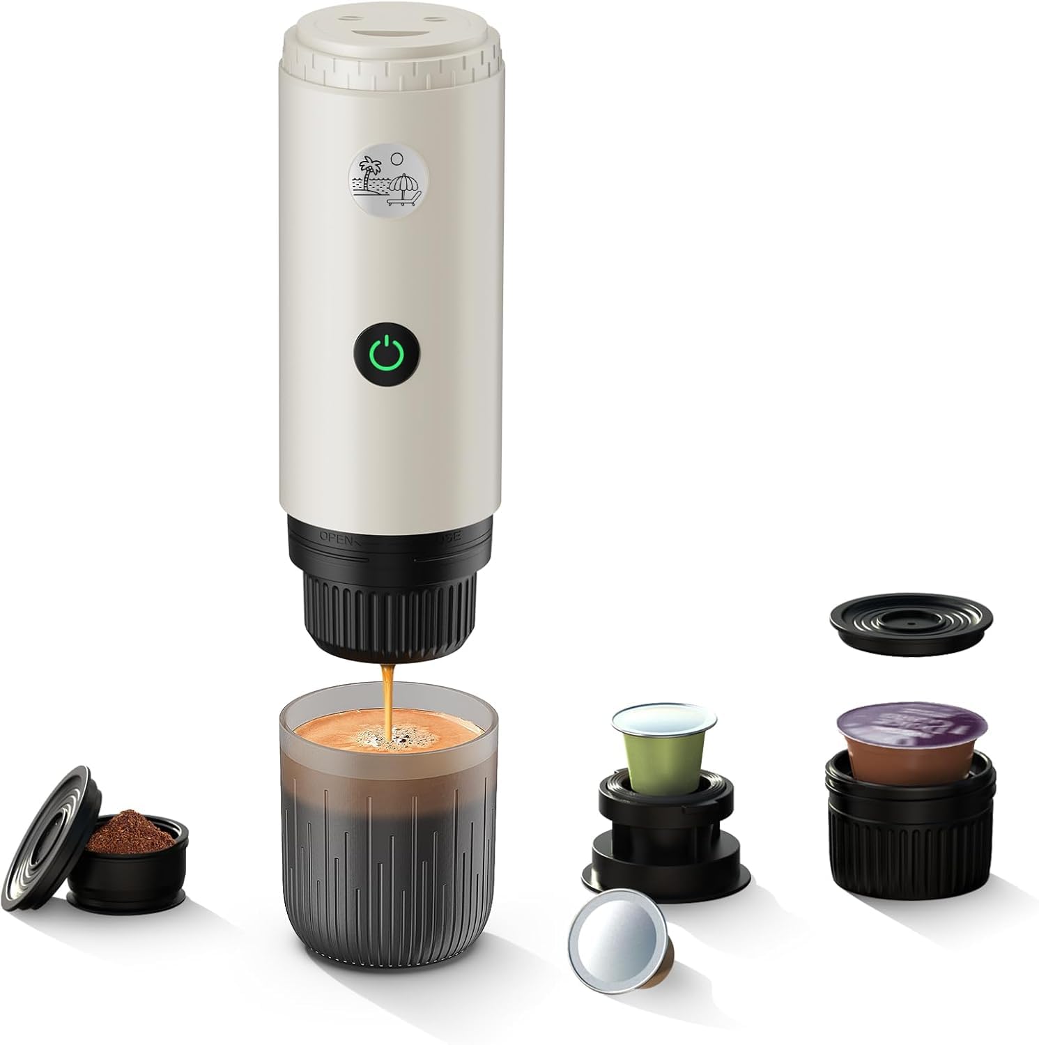Machine à expresso portable 3 en 1 20 bars avec chauffage automatique, compatible avec capsules NS et DG et café moulu pour le camping, la randonnée, les voyages et la maison (blanc)