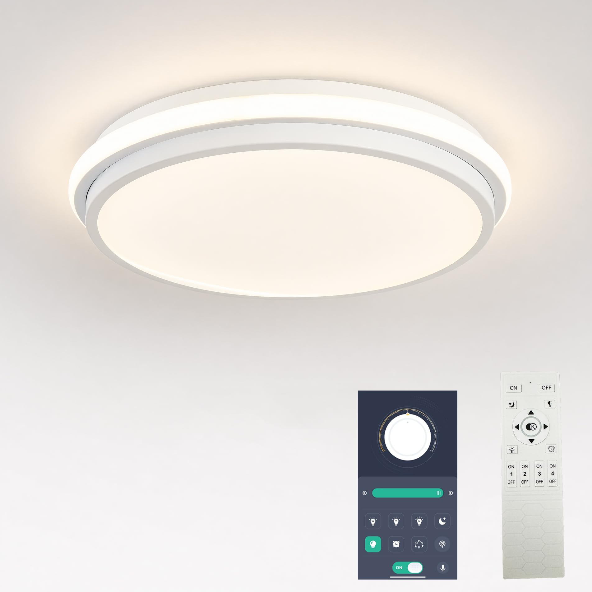 Naroume 40cm Smart LED Ceiling Light, Dimmable Modern Metal Round Flush Mount with Remote Control, Wraparound Lighting Fixture for Kitchen Bedroom,Children's Room (3-38) x2W