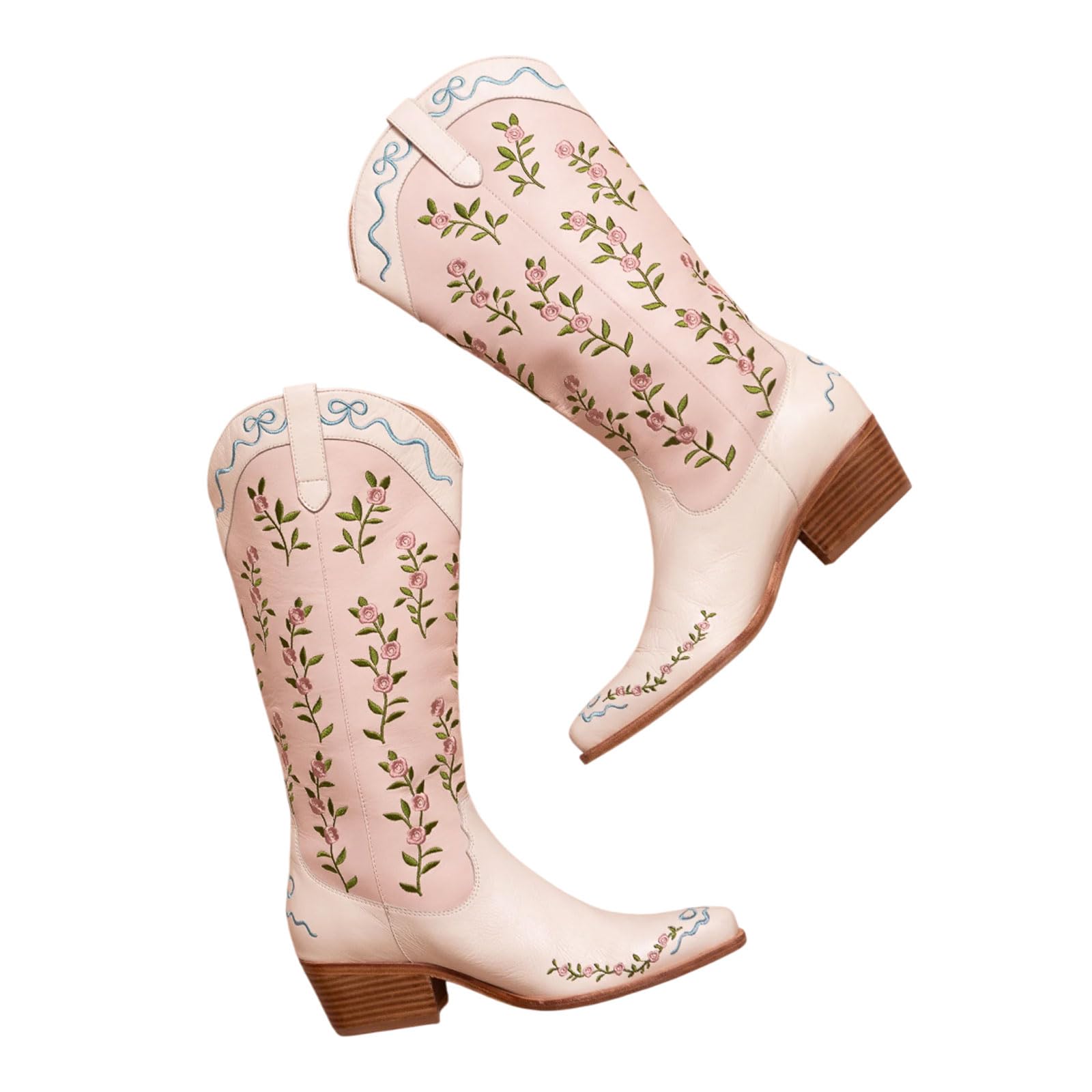 Vertundy Womens Cowgirl Boots Chunky Low Heel Pointed Toe Western Knee High Boots Flower Design Women Tall Boots