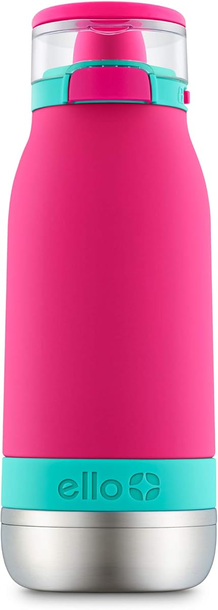 Ello Emma 14oz Vacuum Insulated Stainless Steel Kids Water Bottle with Straw and Built-in Carrying Handle and Leak-Proof Locking Lid for School Backpack, Lunchbox and Outdoor Sports
