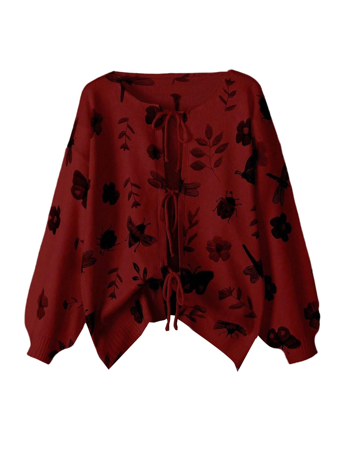 GORGLITTER Womens Plus Size Chunky Knit Bow Cardigan Sweater Tie Front Floral Open Front Tie Long Sleeve Trendy