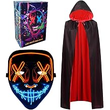 Vampire Cape, LED Halloween Mask 150CM Cloak Cosplay Costume Halloween Decorations Reversible Cape with Hood Party Fancy Dress Outfit Light up Mask for Adults Carnival