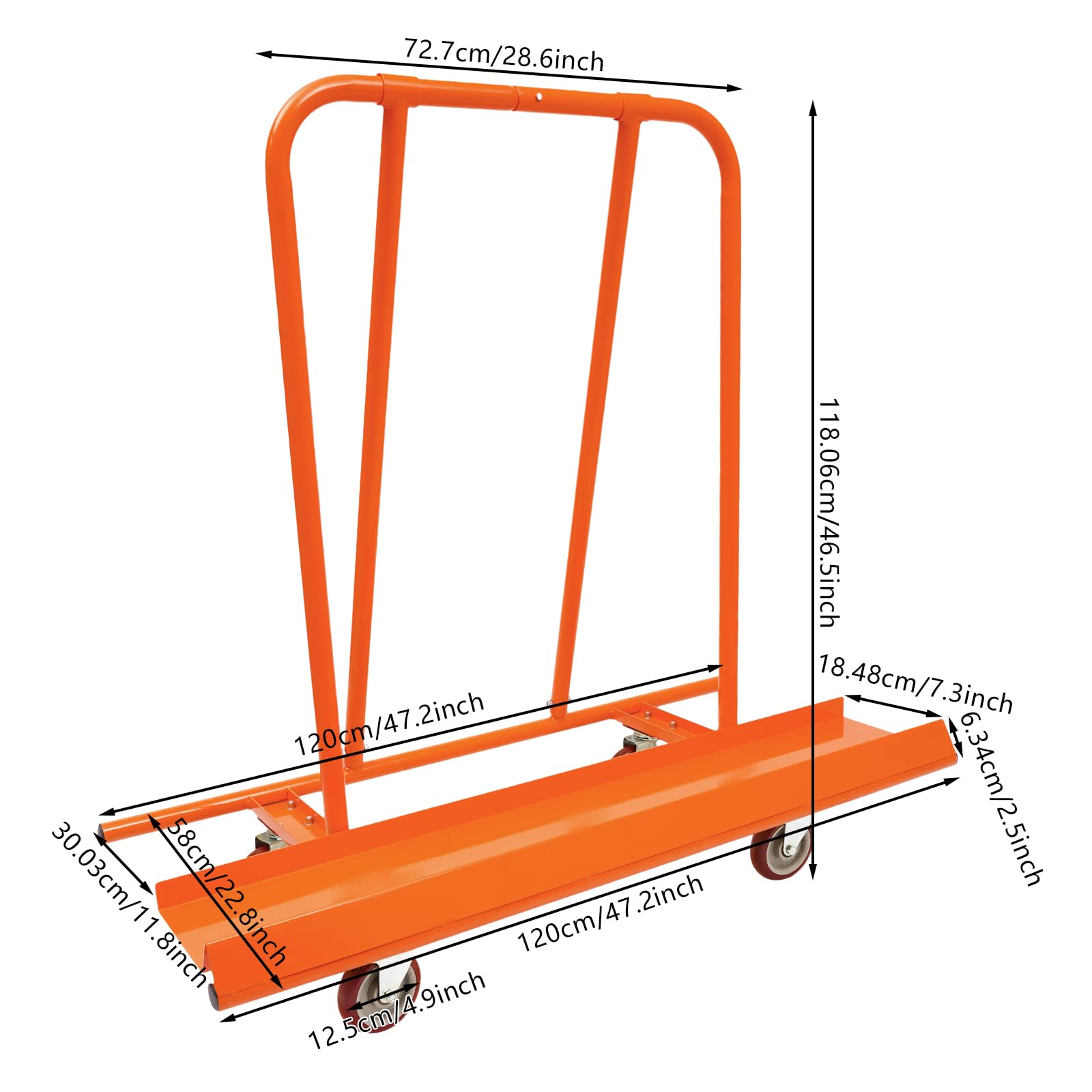 Plattenkarren bis 800Kg mit 4 Rädern (Orange) | Plattenwagen Schwerlast aus Metall mit Praktische Seitenblenden, für Holzbrettern Türen Fenstern Matratzen