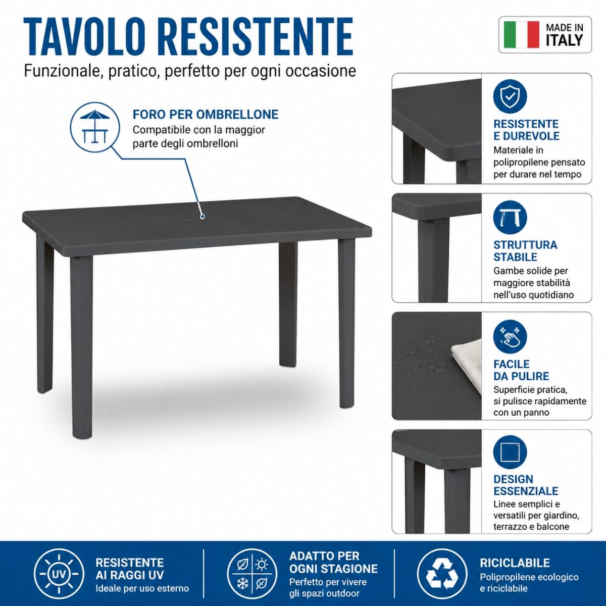 Tomaino Marshall Tavolo e Sedie da Giardino in Plastica 4 Posti ANTRACITE