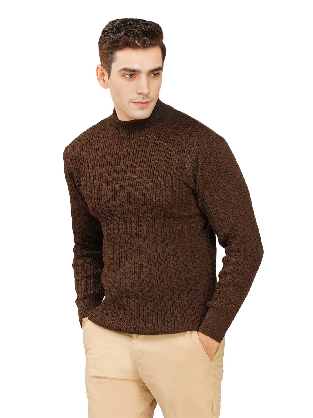 loque Mens High Neck Cable Knit Sweater Winter Pullover Warm Wool Blend Casual Full Sleeve Slim Fit Ribbed Neck Sweater-picture-42