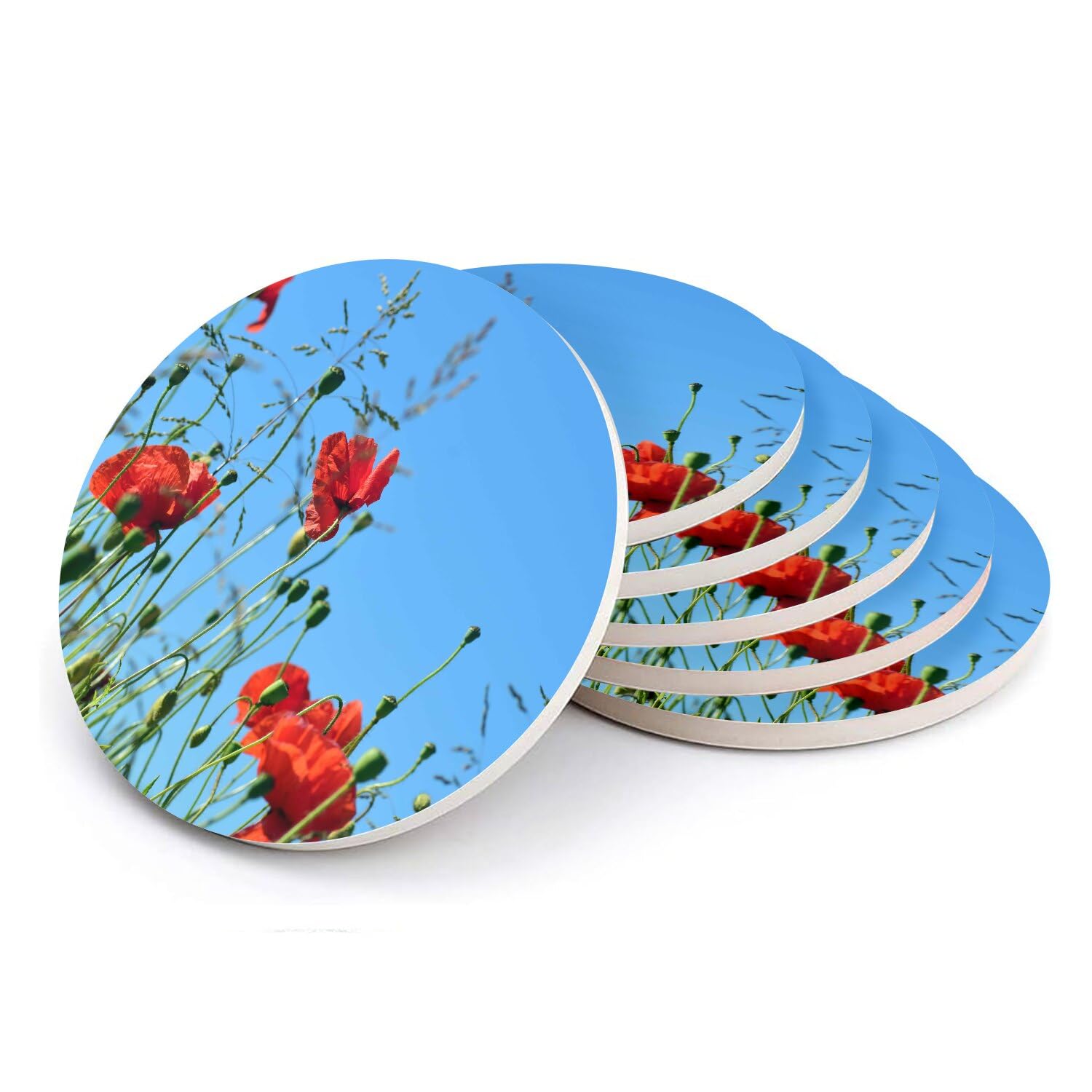 Sous-verre ronds en céramique coquelicots fleur ciel bleu table salon x6
