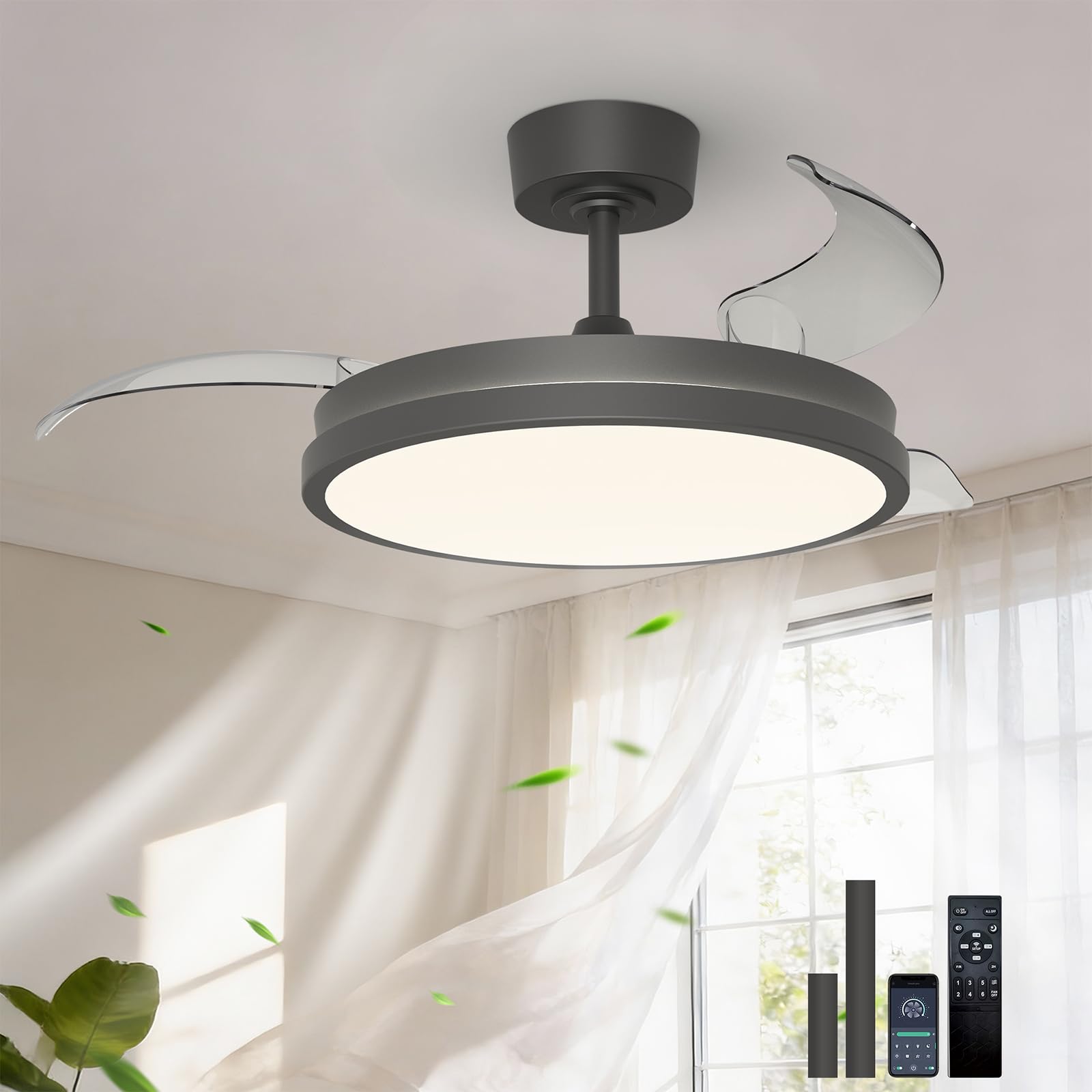 JIINOO Ceiling Fans with Lights and Remote, Modern LED Ceiling Fan with Retractable Blades, 6 Speed Reversible Dimmable Fan Lights for Living Room Bedroom Dining Room,106 cm Black