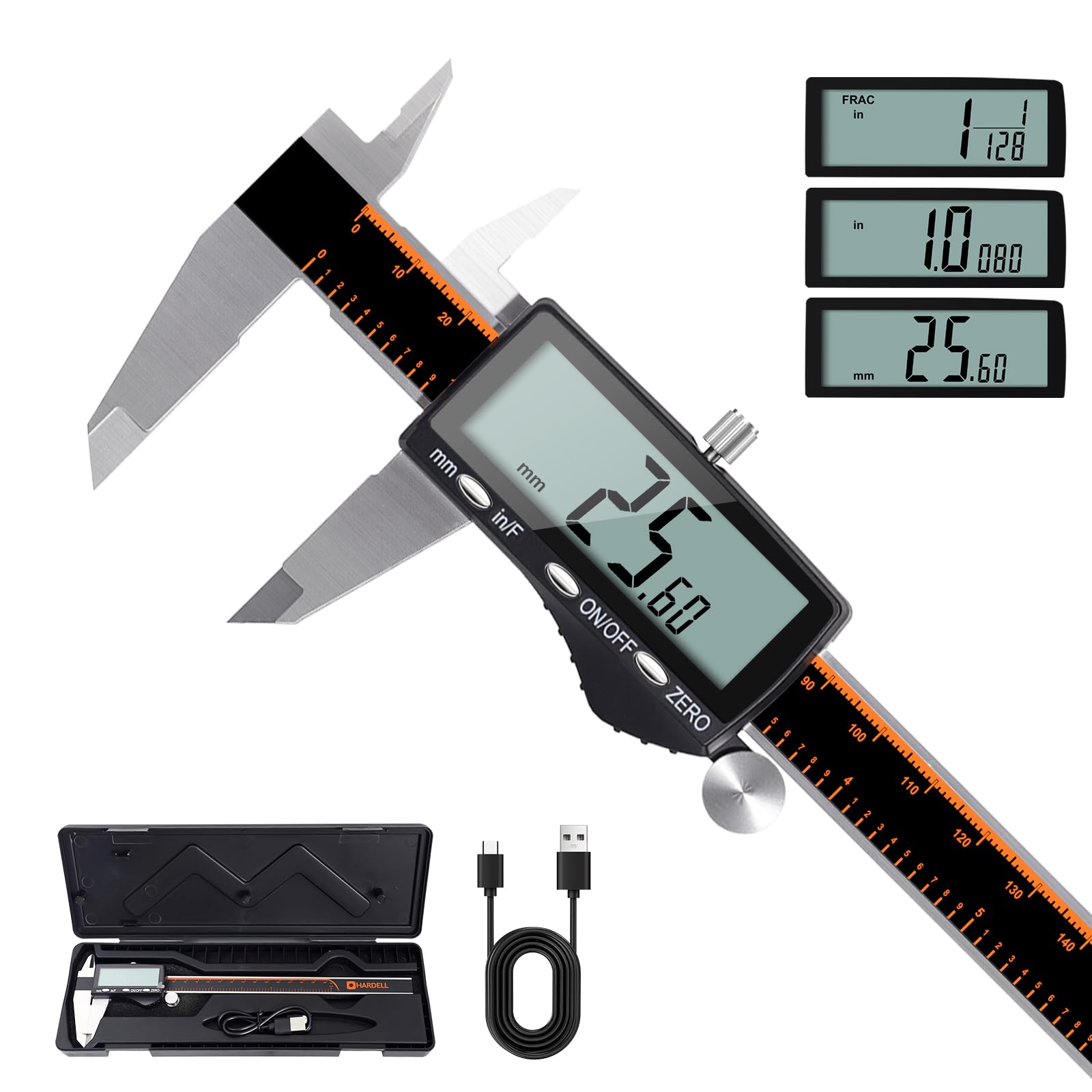 HARDELL Calibrador digital, herramienta de medición recargable de 200 mm con pantalla LCD grande, pulgadas/mm/fracción, acero inoxidable, apagado automático, micrómetro digital Vernier, 8 pulgadas