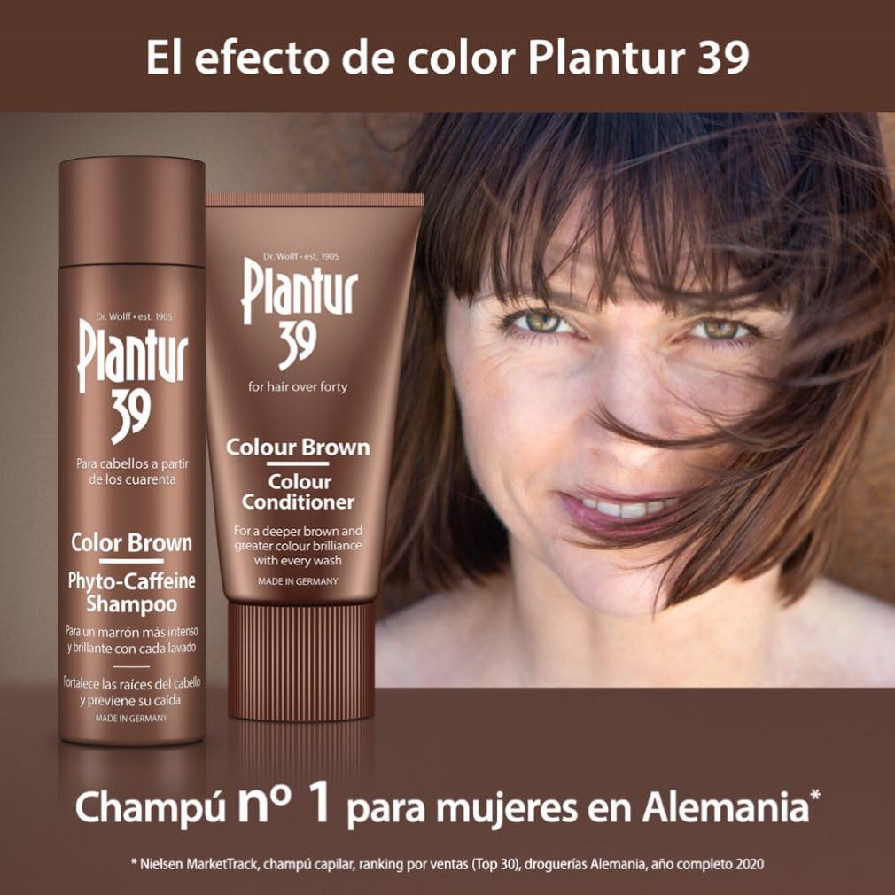 Champú de fitocafeína Plantur 39 color castaño, 250 ml + acondicionador, 150 ml – para un castaño profundo, contra la pérdida de cabello por la menopausia