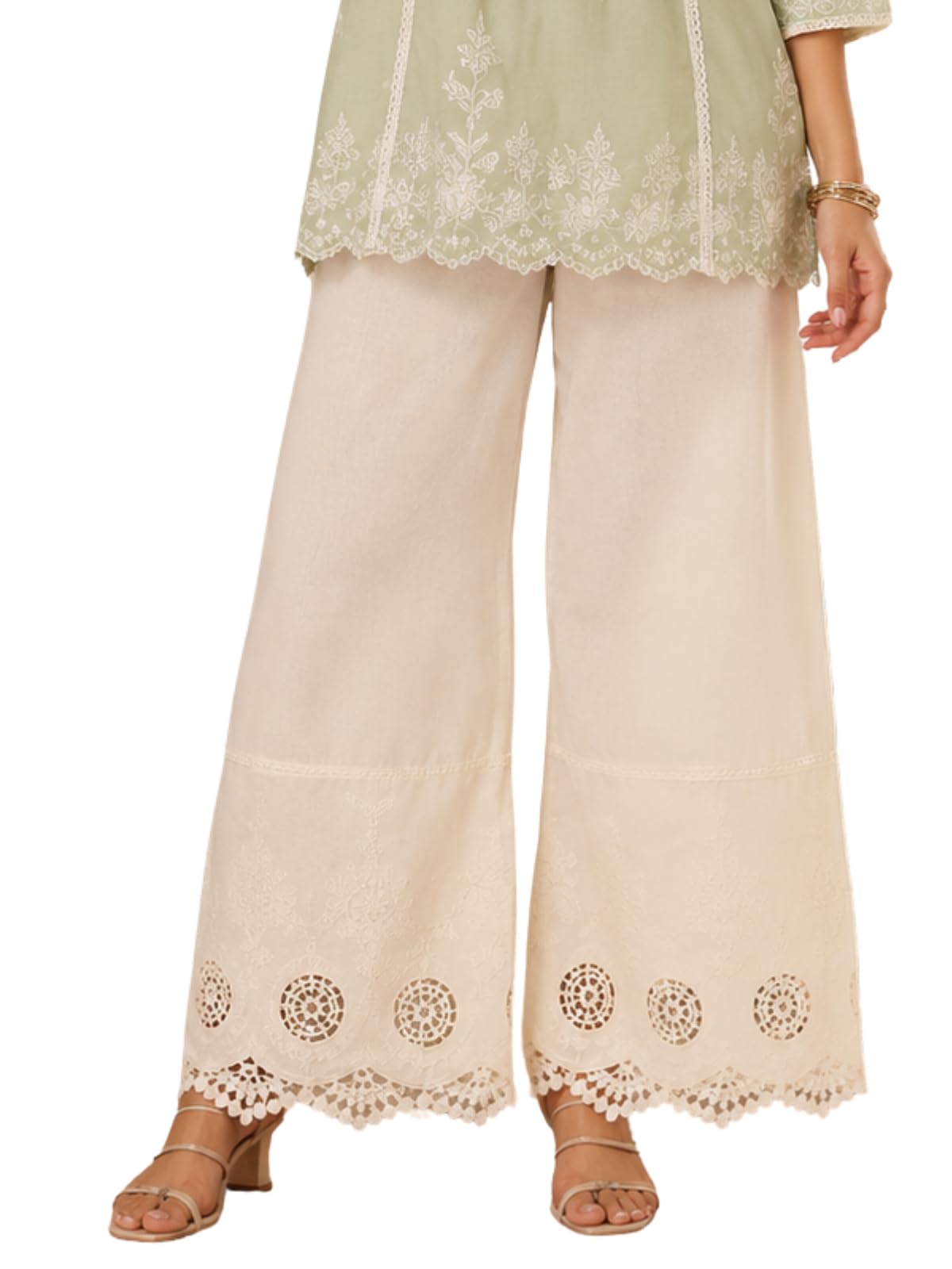 Leriya Fashion Pantaloni da donna | Pantaloni palazzo etnici in cotone con ricamo in pizzo | elastico in vita gamba larga casual pantaloni da donna | comodi pantaloni estivi da donna