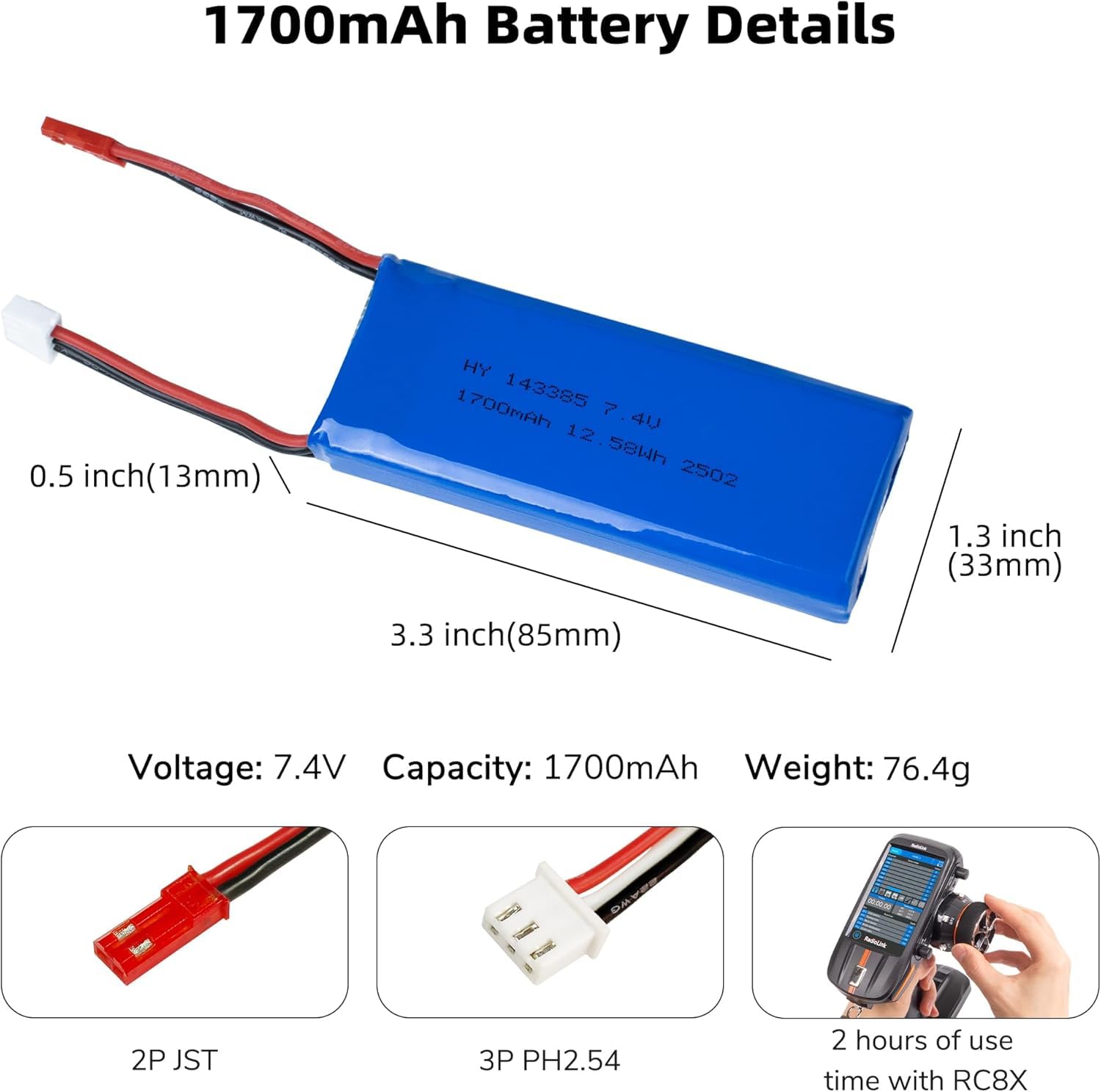 YUNIQUE GREEN-CLEAN-POWER Batteria LiPo 7.4V 1700mAh 2S 5C con Connettore JST 2 Pin – Batteria RC per Radiolink RC4GS V3, RC6GS V3, AT10II, AT9S Pro, T8FB Trasmettitori RC