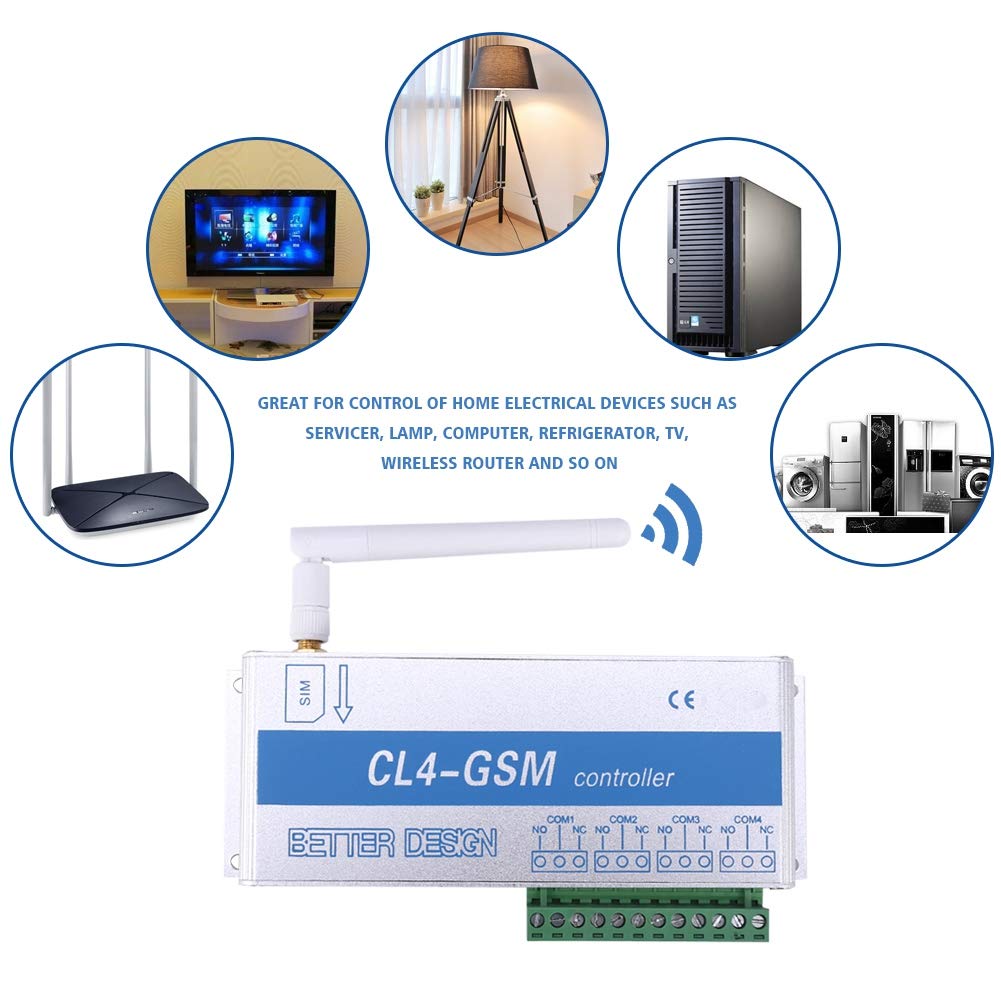 Fdit Interruptor Inteligente inalámbrico gsm SMS Sistema de Seguridad para el hogar Inteligente Interruptor 4 Canales gsm Teléfono móvil inalámbrico Control Remoto Interruptor(Enchufe DE LA UE)