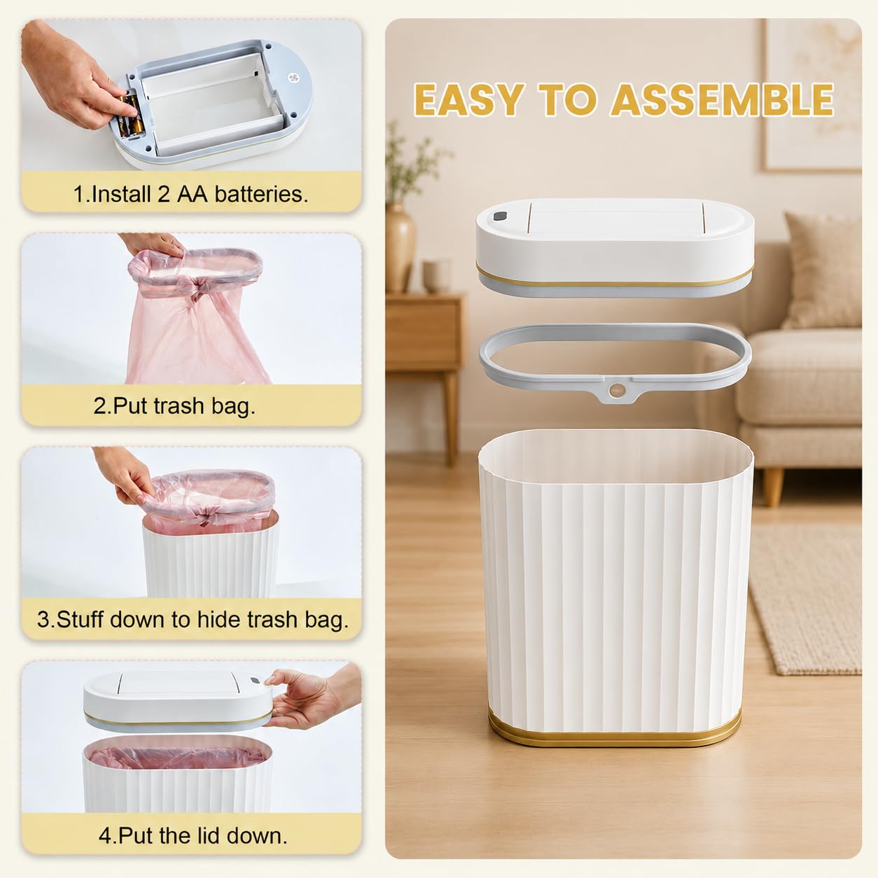 Cubo de Basura con Sensor 7L para Baño, Estrecho, Blanco