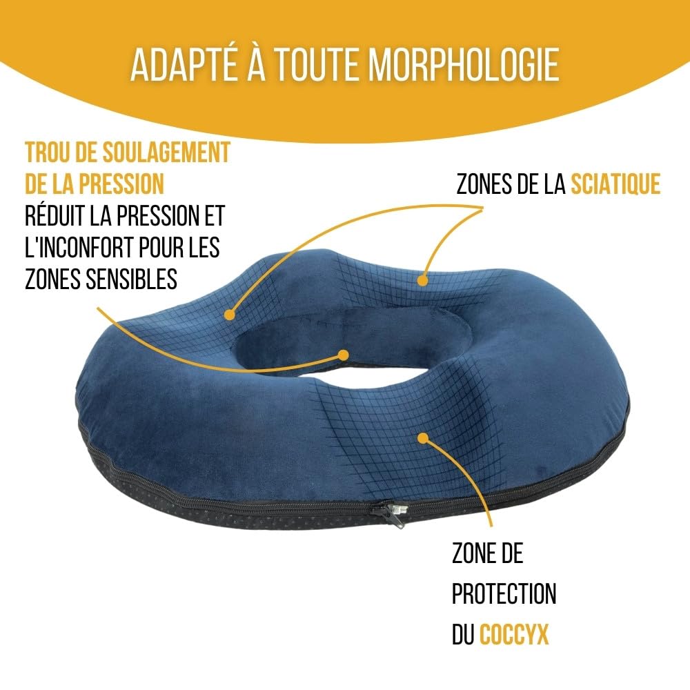 Inphysio® Coussin Donut, Coussin Assise Ergonomique, Coussin Coccyx, Coussin Siege Orthopédique, Coussin Memoire Forme, Coussin Fesses, Coussin Hemorroidaire, Coussin Voiture, Chaise, 45 x 37 x 9cm