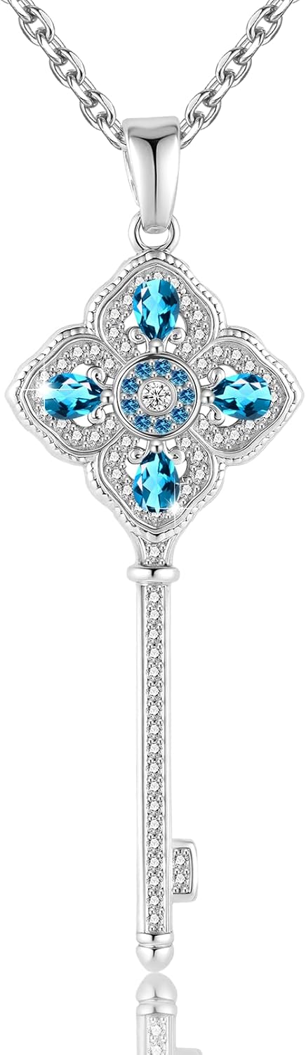 RONYOSTING Valentine's Day Gift for Her,Personalized Key Necklace with Birthstone | Rose Gold Sliver Plated Special love for Girlfriend, Wife, Mom - Romantic Gifts for Anniversary, Birthday