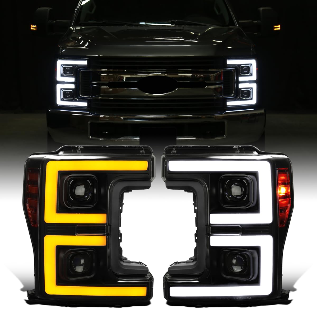 Ronnin - Fits 2017-2019 Ford F250 F350 F450 F550 Super Duty Upgraded LED Switchback Turn Signal Dual Halogen Projector Headlights Assembly Pair |