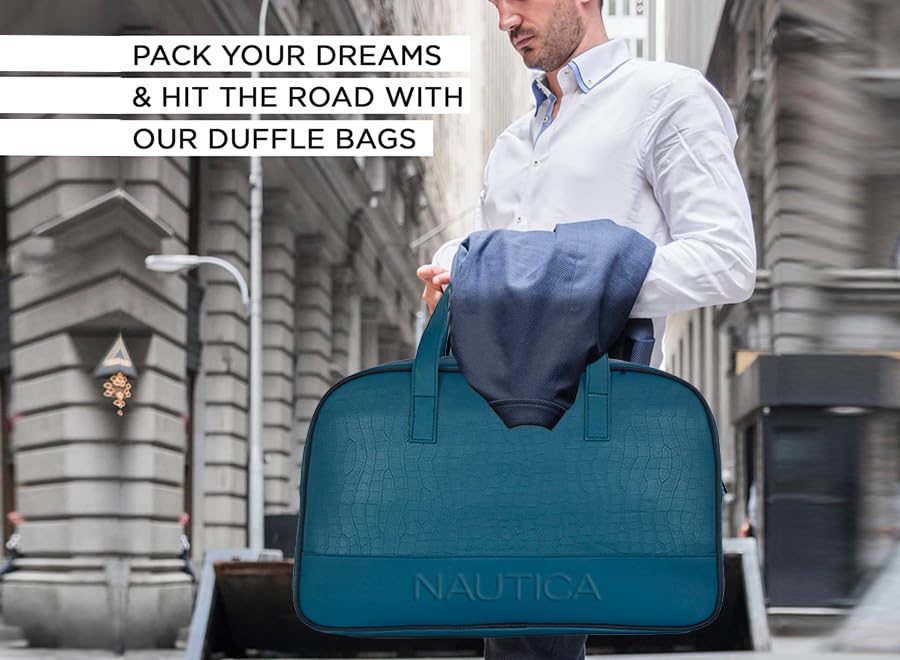 Image of Nautica Unisex 25L PU Duffle Bag for Travel | Stylish Leatherette Cabin Luggage with Smooth Zippers | Compact, Comfortable & Spacious for Weekend Trips, Gym & Everyday Use | Teal