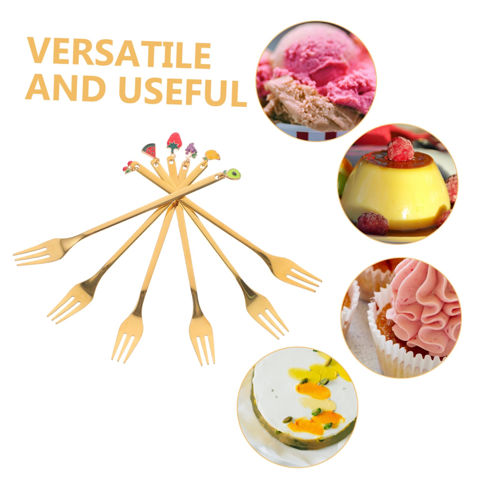 BRIGHTFUFU 6Pcs Decorative Dessert Fork Stainless Steel Small Forks for Ice Cream Cakes Fruit Lightweight Portable Forks with Fruit Pendant Design