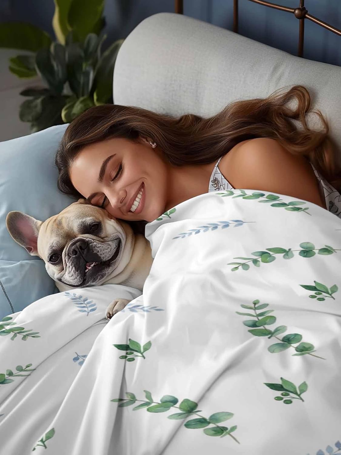 Top Sheet Full Bedding Flat Sheet Only, Farmhouse Eucalyptus Leaves Microfiber Bed Sheets Soft Breathable Bedding Flat Sheets, Summer Leaves Plant Hotel Luxury Top Sheets