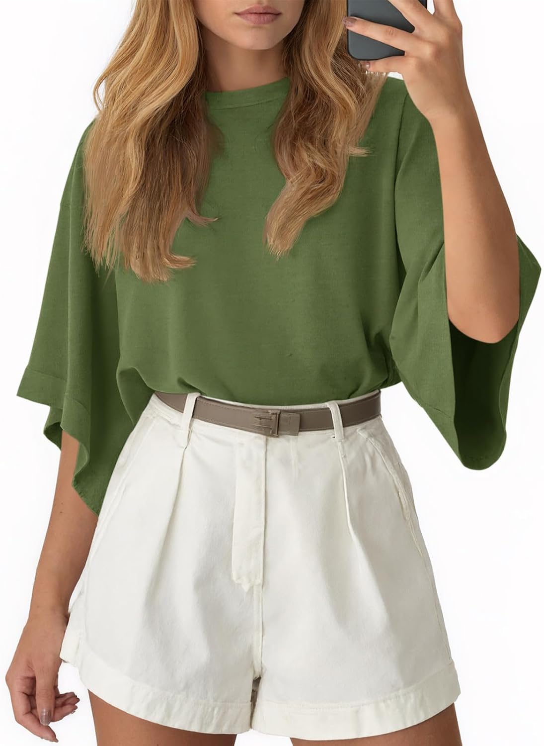Tankaneo Womens Oversized Batwing Short Sleeve T Shirts Summer Casual Round Neck Tunic Tops Loose Fit Basic Tees