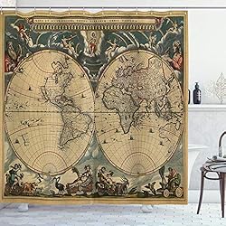 Cortina De Baño Mapa Del Mundo ABAKUHAUS Clásico Cortina de Baño, Mapa de Viejo Mundo, Material Resistente al Agua Durable Estampa Digital, 175 x 200 cm, Multicolor