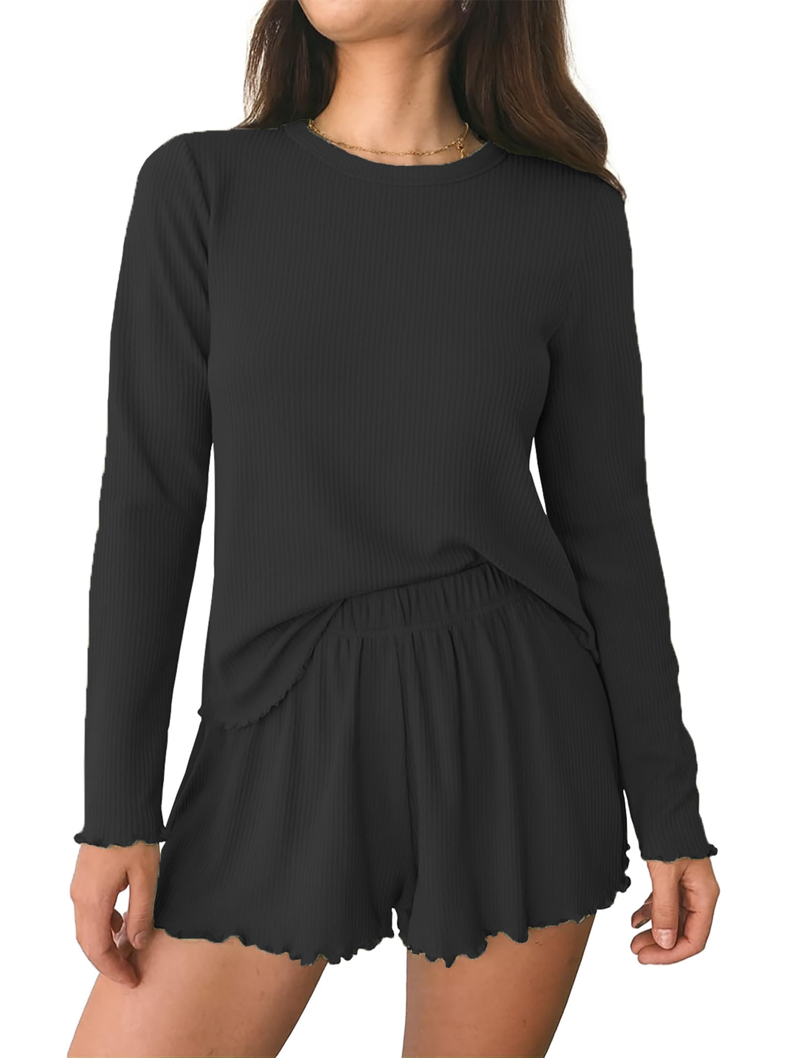 Ekouaer Schlafanzug Damen Gestrickt Pyjama Set Nachtwäsche Hausanzug Langarm Oberteil und Shorts S-XXL