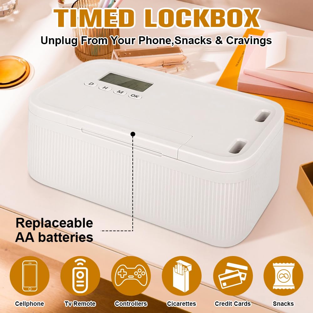 Caja con Temporizador y Bloqueo Seguro, Taquillas Temporales Seguras, Caja Bloqueable para Móviles, Contenedor de Autocontrol para Teléfonos, Videojuegos y Redes Sociales (23.9x13.1x 9.6 cm)