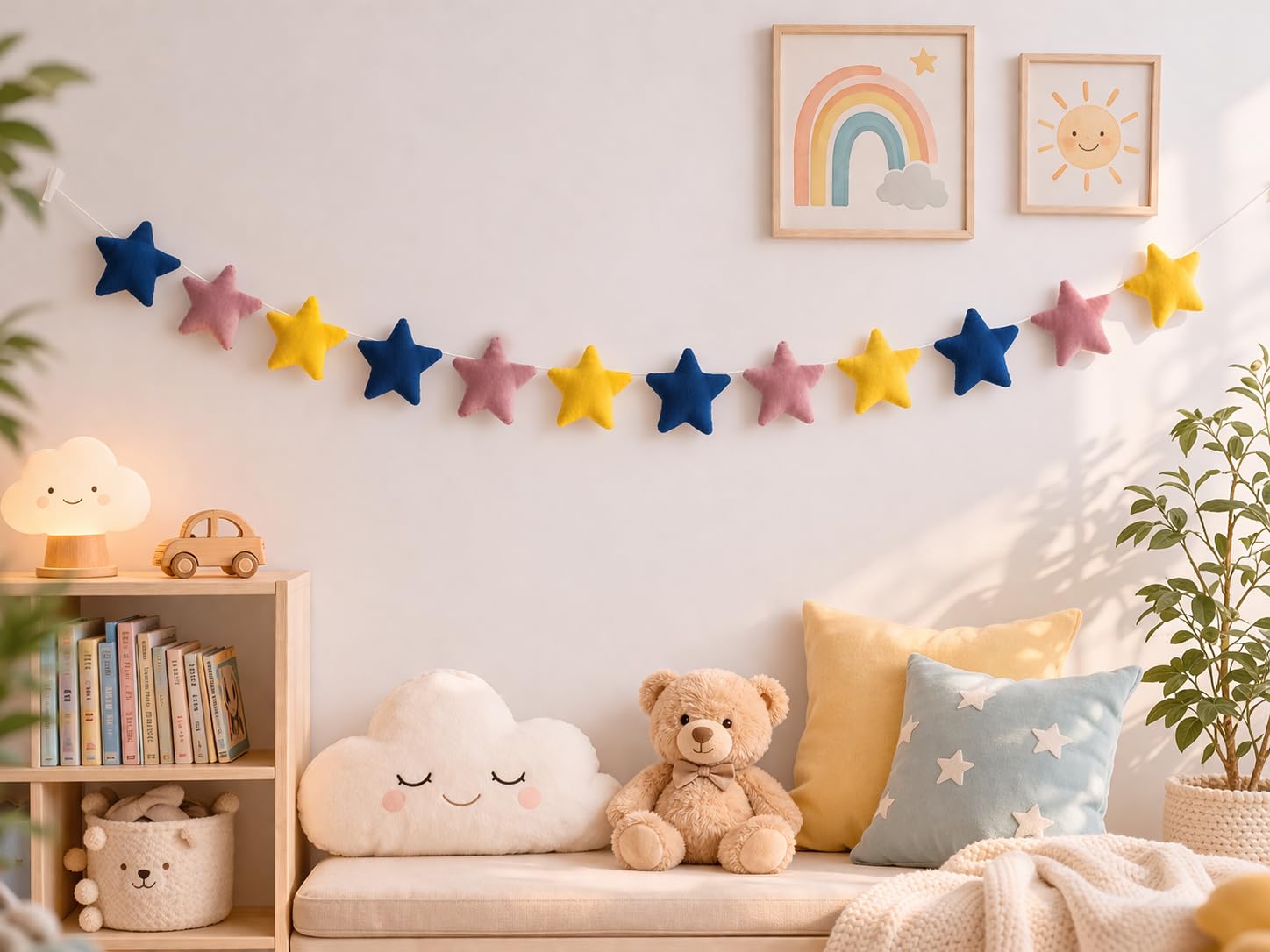 Peach Cuddle Velvet Fabric Star Bunting for Kids Room and Nursery - Wall Decoration Garland in Blue, Yellow, Purple (Pack of 1, 12 Stars, 99 CM)-image-12