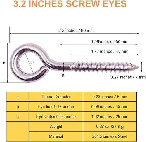 Miniatura 4 de Paquete de 12 ganchos de metal M6, ganchos de tornillo de acero inoxidable 304 resistentes, ganchos de perno de aro autorroscantes, ganchos de