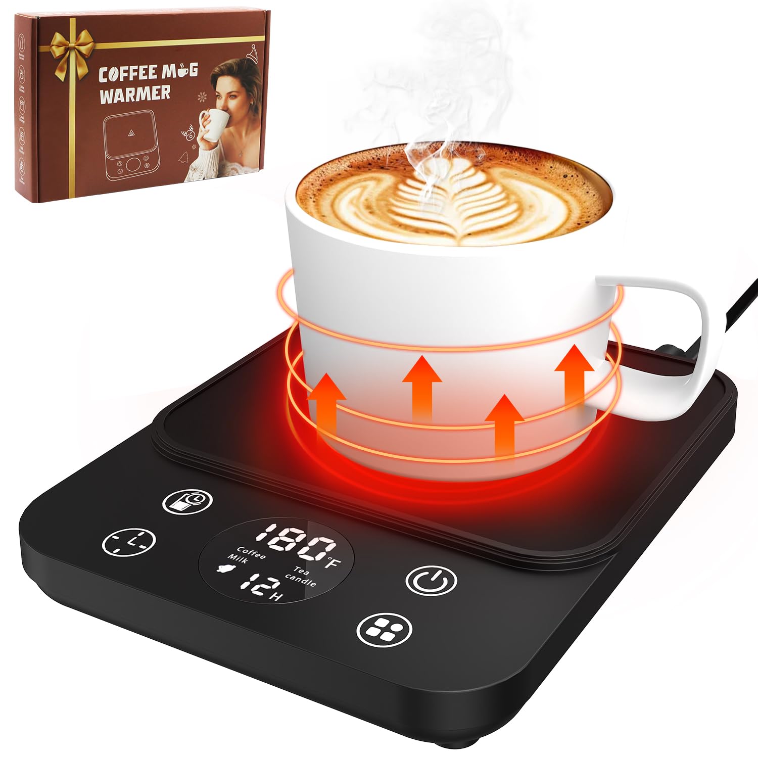 Calentador de taza de café para escritorio, calentador de café eléctrico inteligente mejorado 2024, recordatorio de agua de bebida de 1 hora, 4 modos, apagado automático de 8 horas, 9 temperaturas,