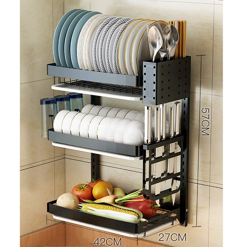 Scolapiatti da parete a 3 ripiani in acciaio inox 201, salvaspazio, per asciugare piatti, posate e pentole, design a fette